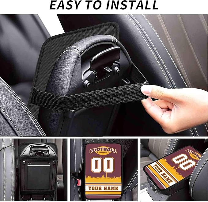 Custom Football Car Armrest Covers Personalized Football Style with Name Number Customized Auto Center Console Pad Car Handrail Box Cushion for Most Vehicle Decor Accessories, Yellow