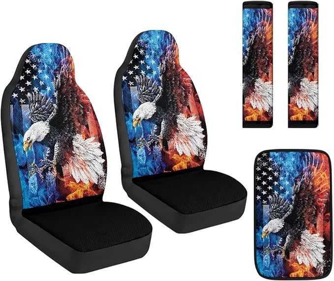 Qeluxign 5-Piece Car Accessories Set Universal Fit PU Leather Seat Covers Seatbelt Pads and Armrest Cover for Cars, Trucks, SUVs,Flame Eagle American Flag