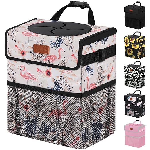 Vankor Cute Car Trash Can, Car Accessories for Women Interior Can Trash Bag Hanging Automotive Garbage Cans Pink Flamingo
