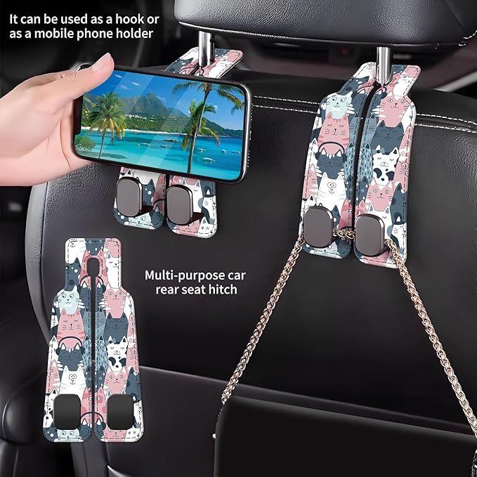 AXBSAKDI Car Seat Back Storage Headrest Hook, Premium Leather Double Metal Hook, Hanger Storage Organizer for Purse Cloth Bag, Car Interior Accessories Cute Funny Cats