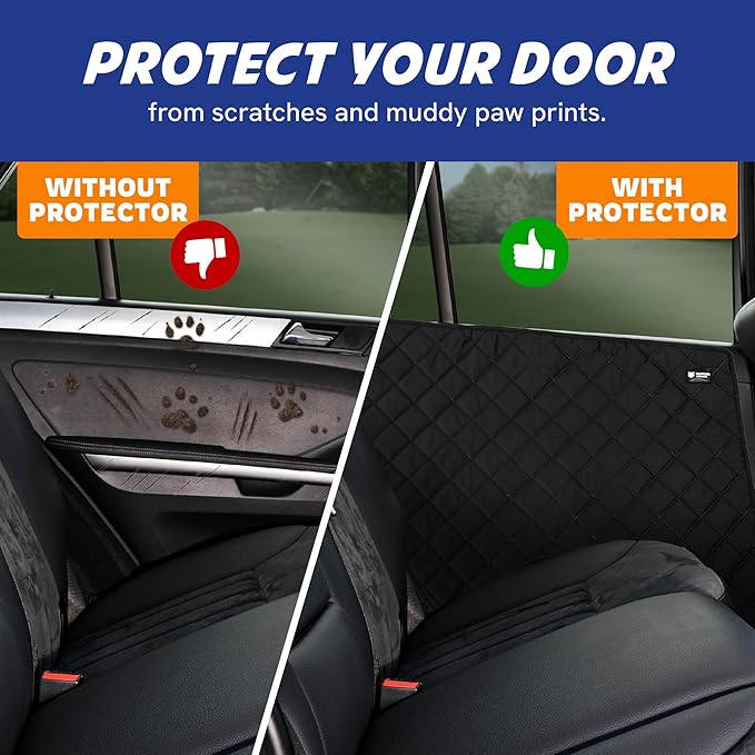 Car Door Protector for Dogs, 2 Pieces. Quilted Anti-Scratch Liner with Adjustable Clips & Suction Cup, Regular Size (28.3" x 21.7") Fits Compact & Medium Cars, Protects Car Doors from Dog Scratches