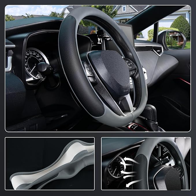 SEG Direct D Shaped Steering Wheel Cover for 14.5-15 inch Flat Bottom Wheels, Breathable Perforated Microfiber Leather, Anti-Slip Grip, Universal Fit for Cars & SUVs, Black and Gray
