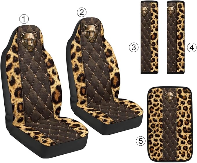 Qeluxign 5 Piece Car Accessories Set with 2 PU Leather Seat Covers, 2 Belt Pads & 1 Armrest Cover Fit for Most Vehicles Easy Install & Clean,Leopard Print Panther Head