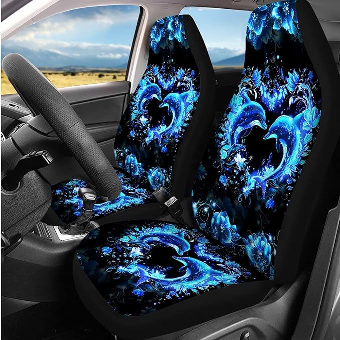 Dngkaoje Neon Dolphin Car Seat Covers Full Set 13 Pcs Auto Seat Accessories with Blue Dolphin Print Hanging Trash Bag,Seatbelt Shoulder Pads,Universal Auto Front and Rear Split Bench Seat Covers Set