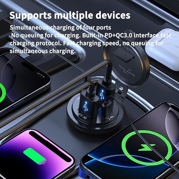 USB Car Charger - Fast PD+QC3.0 Charging Station, Digital Display Monitor Design, USB-A + ÚSB-C Ports + 60W Output Power Spec, ABS PVC -Grade Construction - for Cars, Trucks & Motorcycles