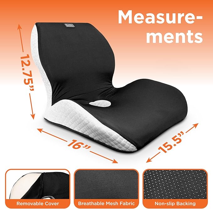 BLACK+DECKER Memory Foam Full Chair Shape Seat Cushion – Lumbar and Seat Cushion Combo for Office, Car, Wheelchair & Airplane – Ergonomic, Tailbone & Back Pain Relief, Washable Cover
