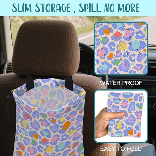 KXWQTRDD Car Garbage Bag Rainbow Colorful Leopard Drawstring Car Trash Bag Hanging for Back Seat with Adjustable Buckle Canvas Vehicle Trash Can Easy-to-Install