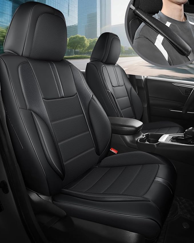 FREESOO Black Front Car Seat Covers - Faux Nappa Leather Seat Covers for Cars, with Carbon Fiber Texture Seatbelt Pads, Waterproof Cushion Protectors Fit for Most Vehicles Sedans SUV Trucks Corolla