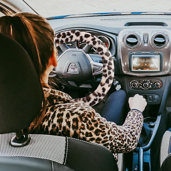 Fuzzy Steering Wheel Cover for Women Girls, Accmor Universal Fit 15 inch Fur Car Wheel Cover & Handbrake Cover & Gear Shift Cover Set, Fashion Leopard Winter Warm Fluffy Vehicle Wheel Protector