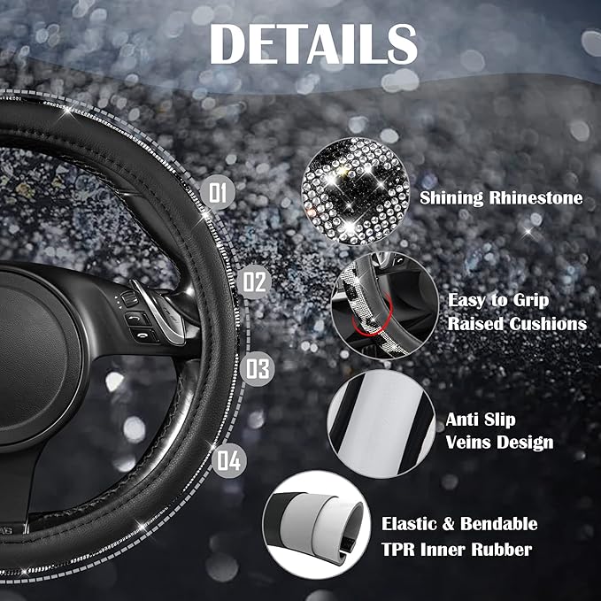 CAR PASS Bling Cow Print Diamond Steering Wheel Cover, with Sparkly Crystal Glitter Rhinestones Black Leather Car Wheel Protect for Women Girl Fit Suvs,Vans,Sedans,Cars,Trucks, 14" 1/2-15" Cow Design