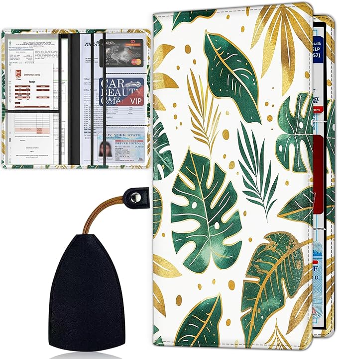 Car Registration Holder, Waterproof PU Leather Vehicle Card Document Glove Box Organizer, Women Interior Auto Accessories Case for Cards, Driver License Car Insurance Holder, Tropical Leaves Botanical