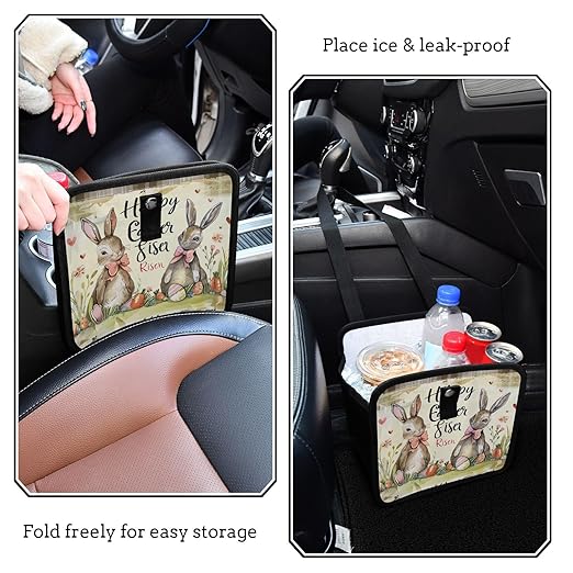 Car Trash Can Organizer Bin with Adjustable Strap for Back Front Seat Console Waterproof Leakproof Collapsible Portable 11 Inch Happy Easter Bunny Carrot