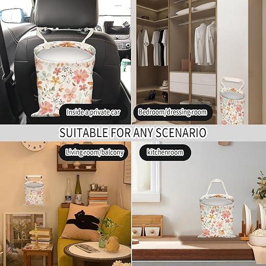 Car Trash Can, Hanging Garbage Bin for Men and Women, Cute Car Organizer and Storage Bag, Canvas Vehicle Trash Can Bag Easy-to-Install Cute Boho Pink Floral