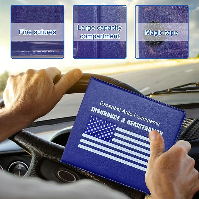 Ziciner Car Registration Insurance Holder, 2Pack Essential Auto Card Document Glove Box Organizer with Touch Fastener, Vehicle Interior Accessories Perfect for Most Car, Truck, SUV (Blue/Blue Flag)