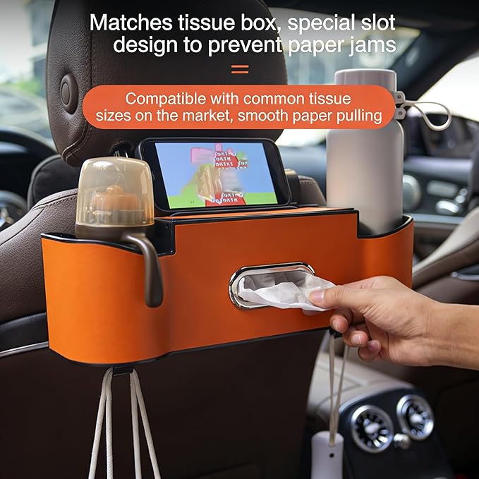 5-in-1 Car Backseat Organizer, 2026 Multifunctional Seat Back Storage Box with Cup Holder, Tissue Box, Phone Holder and 2 Hooks, Premium Leather Car Organizer for Tidy Car (Mocha Brown-1Pc)
