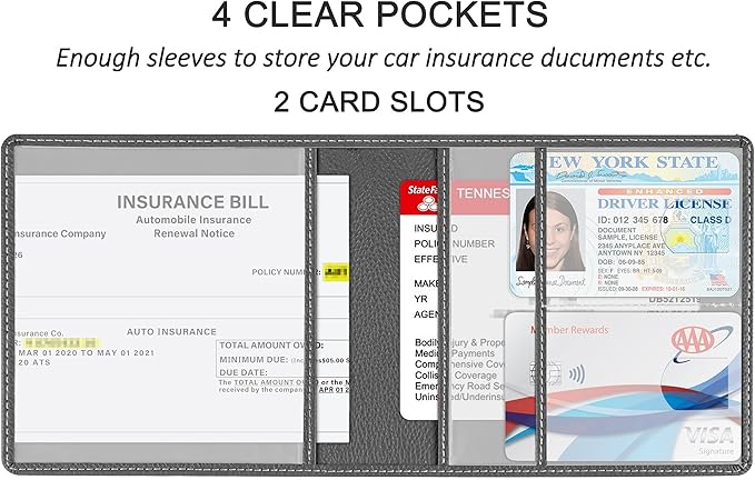 New Fashion Kingdom Car Registration and Insurance Holder, Premium PU Leather Vehicle Glove Box Car Organizer Men Women Wallet Accessories Case for ID, Driver's License - Grey