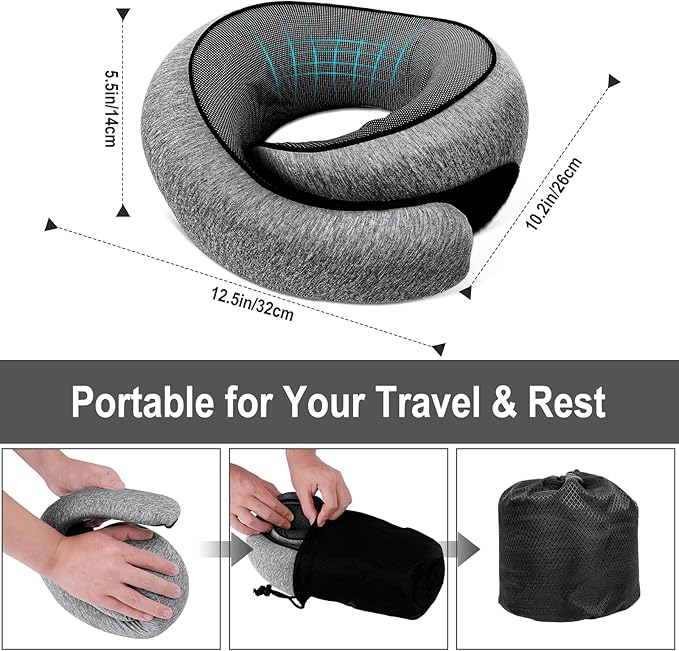 GongPath Travel Neck Pillow for Airplanes, 100% Memory Foam Neck Pillow for Sleeping, 360° Neck Support Pillow, Compact and Ergonomic Design for Travel, Car Rides, Airport (Dark Grey)