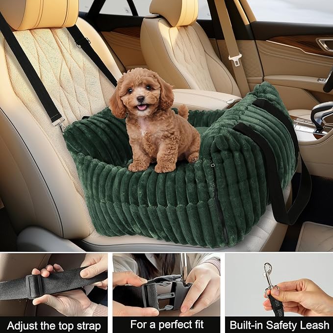 HOMLOVE Dog Car Booster Seat, for Small Dogs Under 30 lbs, Detachable Washable Travel Bed with Storage Pockets and Safety Belt (Green, Medium)
