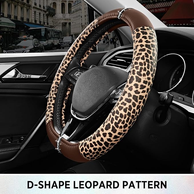 Road Comforts Leopard Steering Wheel Cover - Made with PVC Leather Cheetah Print, D-Shaped Automotive Steering Wheels - Anti-Slip, Universal Fit 14 1/2 inches to 15 inches - Brown