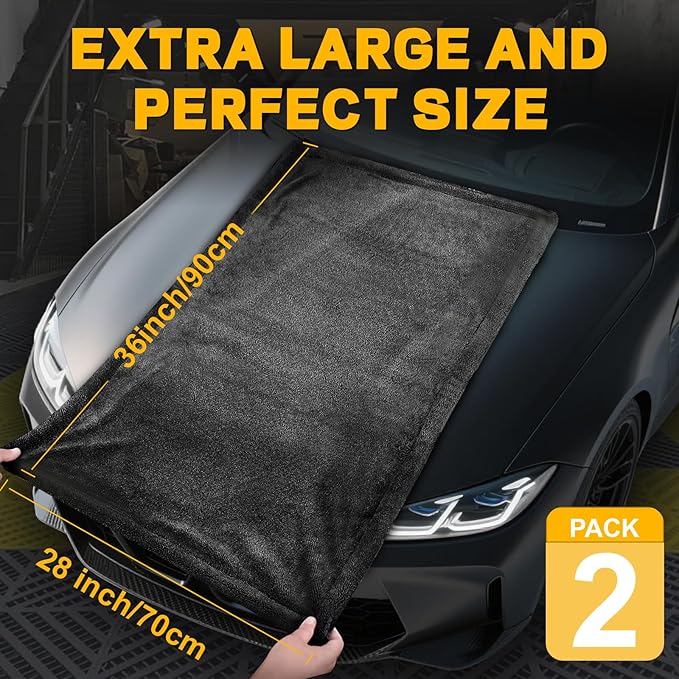 BIBOKLTIY 2-Pack Double Sided Car Drying Towel(28"x36"),1600 GSM Super Absorbent Microfiber Drying Towels for Cars,Streak-Free,Scratch-Free,No Water Spots,Machine Washable