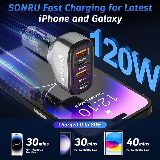 SONRU 4-Port USB C Car Charger, 120W 2*【PD60W+QC30W】 Cigarette Lighter USB Car Charger Adapter, Fast Car Phone Charger for iPhone 17/17 Pro Max/16/15/14 Series, Galaxy S24/23,iPad, Galaxy, Tablet