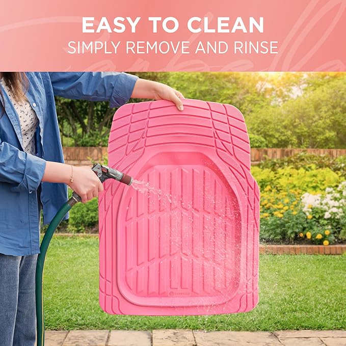 CARBELLA Rubber 4-Piece Pink Car Floor Mats - Universal Trim To Fit All Weather Champagne Pink Car Accessories - Girl Car Accessories for Women & Cute Car Mats for Women, Girly Car Decor, Truck, & SUV