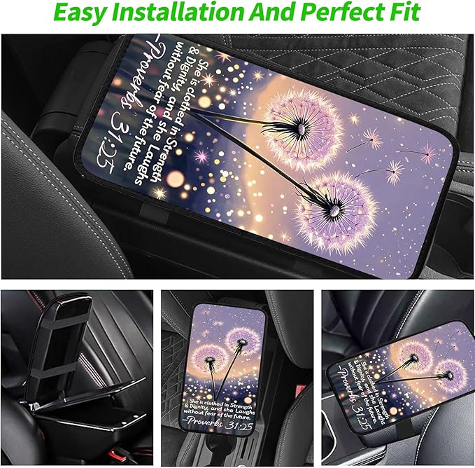 JANENFNA Car Armrest Cover Pads Universal Fashion Cute Auto Center Console Armrest Cover Pad with 2PCS Car Coasters Soft Waterproof Car Armrest Seat Protector for Women,Proverbs 31:25 Dandelion