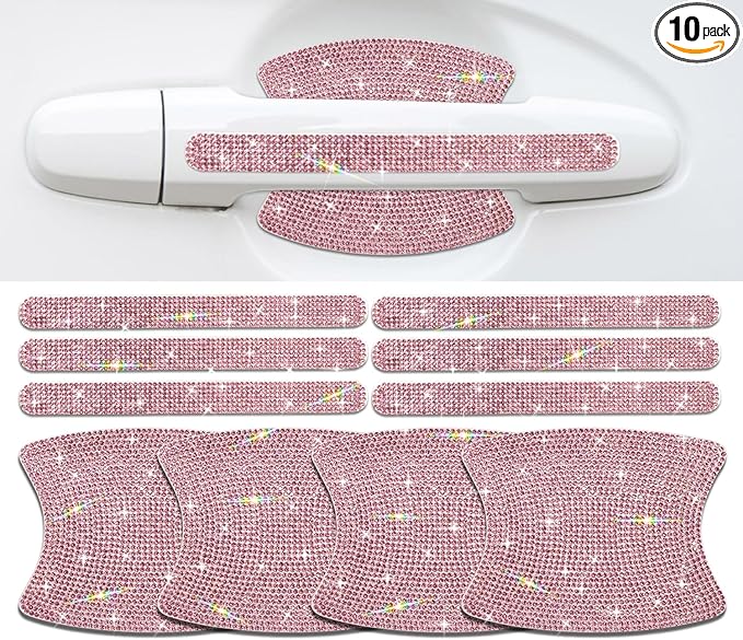 10PCS Car Door Handle Bling Rhinestones Stickers Universal Auto Door Handle Scratch Cover Guard Protective Film Pad with Safety Reflective Strips, Pink