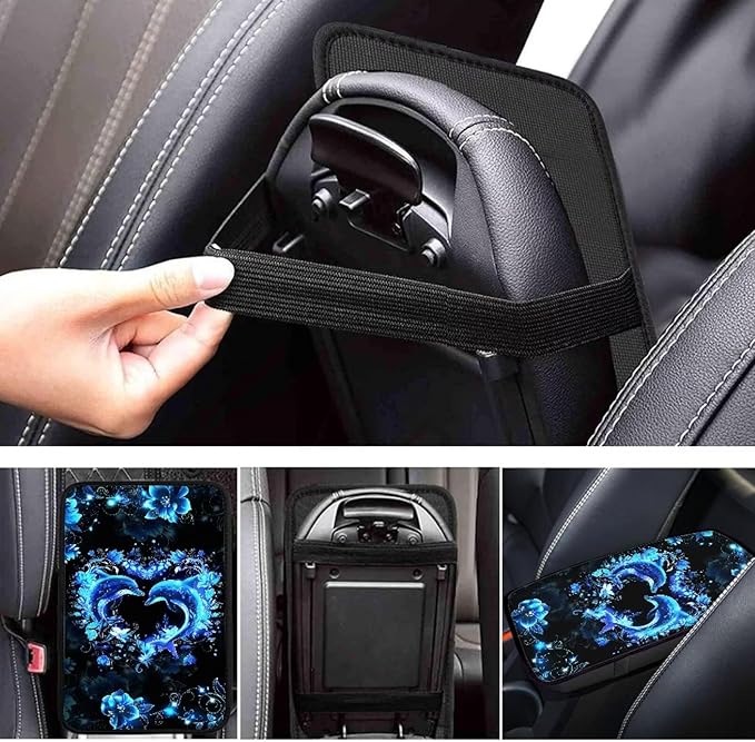 Heart Dolphin Car Armrest Cover Pad for Women Girls Non Slip Decorative Center Console Cushion Dustproof Car Armrest Box Protector Cover Breathable Softs