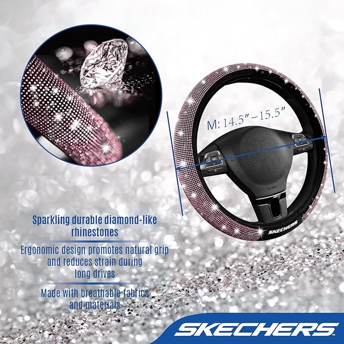 Skechers Women’s Bling Steering Wheel Cover, Velvet with Sparkly Crystal Rhinestones, Stylish Car Interior Gift, Universal Fit 14" 1/2-15" for Cars, SUVs, Trucks, Pink Diamond