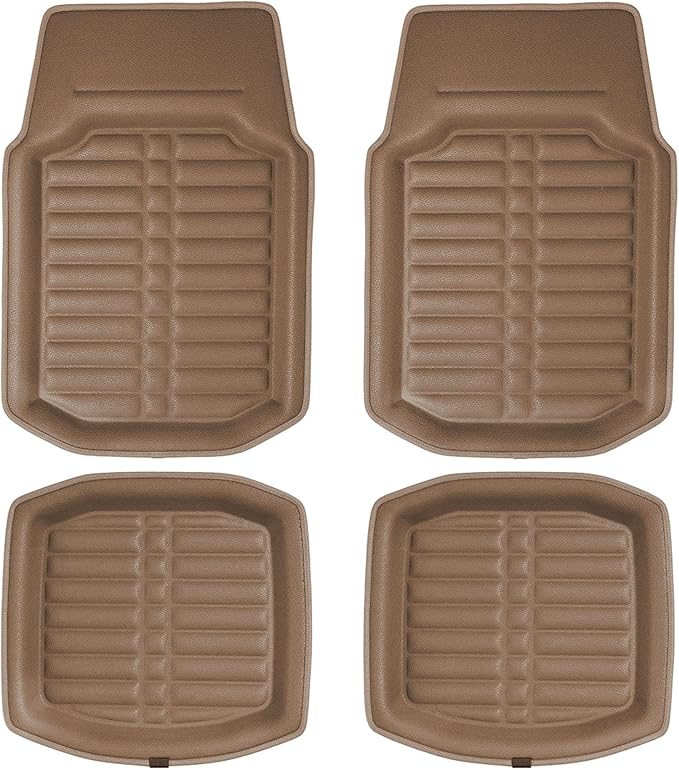 FH Group Automotive Floor Mats - PU Leather Floor Mats, Deep Dish Design, Floor Mats for Cars, Universal Fit Floor Mats Full Set, Floor Mats For Most Sedan, SUV, Truck Floor Mats Solid Beige