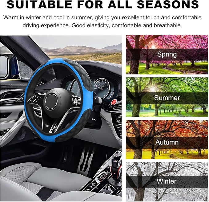 Car Steering Wheel Cover, 15 Inches Non-Slip Leather Car Steering Wheel Protector, Universal Steering Wheel Soft Cover Mats for Car Truck SUV, Interior Car Accessories (Blue)