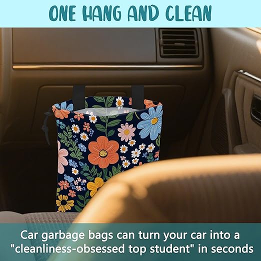 KXWQTRDD Car Garbage Bag Abstract Colorful Flowers Hanging Canvas Car Trash Bag Drawstring Car Back Seat Organizer for Car Back Front Seat Console with Adjustable Buckle
