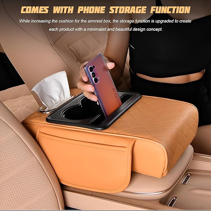 Car Center Console Armrest Pillow, Memory Foam Leather 4 in 1 Vehicle Arm Rest Cover with Tissue Box 2 Side Storage Bag Cup & Phone Holder, Auto Armrest Cushion, Universal Fit (Wine Red)
