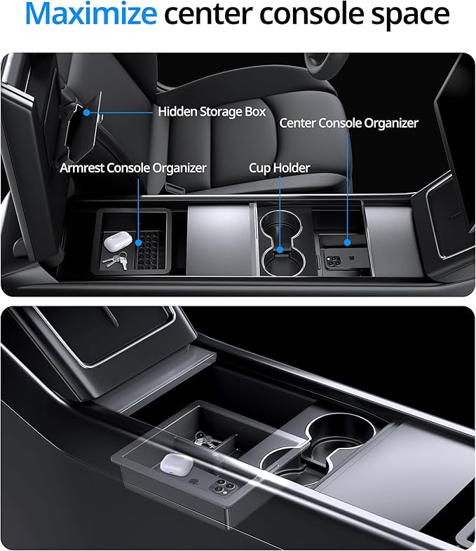 UBeesize Tesla Model Y Juniper Accessories (2025-2026), Center Console Organizer Tray for Model 3 Highland(2024-2025), Double-Layer Sliding Armrest Hidden Storage Box, 5PCS Black