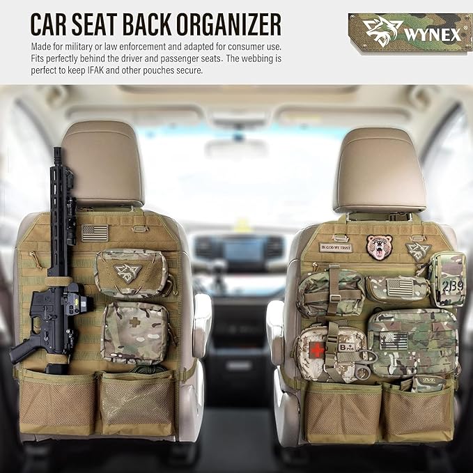 WYNEX Car Seat Organizer, Molle Backseat Cover Organizer Protector with Sling Rack, Visual Pocket and Patch, Universal Vehicle Fits for F150, Jeeps, Pickups & Trucks for Road Trips (2 Packs)