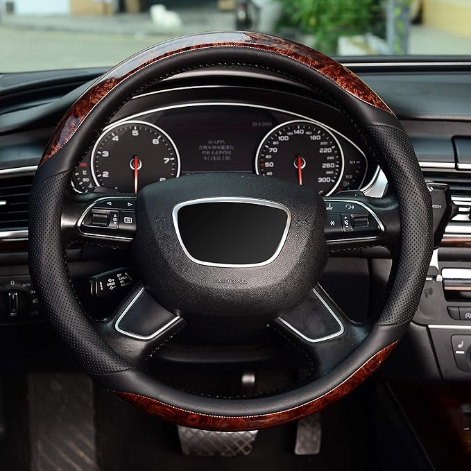 KAFEEK Small Size 14 inch Wood Grain Steering Wheel Cover, Black Microfiber Leather, Compatible for Prius Civic 14-14.25 inch Steering Wheel