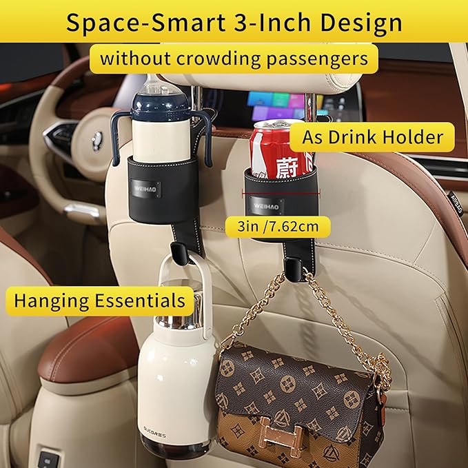 2Packs Cup Holder for Car Back Seat, Nappa Leather Storage Organizer Hook, 3 Inch Backseat Headrest Cup Holder for Car, Sedans, SUV, MPVS, Most Vehicles (Black)