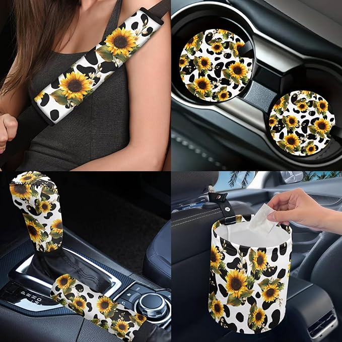 Dngkaoje Sunflower Cow Print Car Seat Cover Full Set for Front and Back,13 Pcs Sunflower Automotive Accessories Set Cute Cow Print Armrest Cover Protector, Seat Belt Pads,Handbrake Shift Covers