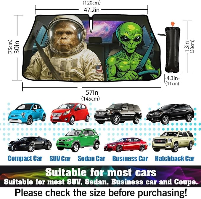 DOPINDU Funny Alien Astronaut Car Windshield Sun Shade Umbrella Bendable Handle Foldable Funny Sunshade for Car Windshield Block UV Rays Keep Vehicle Cool for Most Sedans SUV Trucks Cars 57"x30"