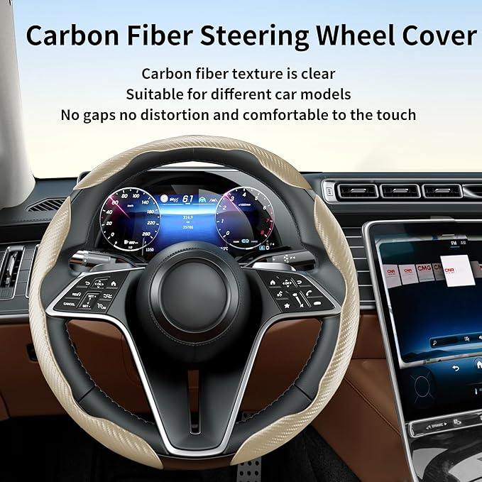LevChall Carbon Fiber Steering Wheel Cover, 3-Piece Set Anti-Skid Comfortable Grip Segmented Butterfly Design, Easy Snap-On Installation Universal Fit 99% Cars, Beige