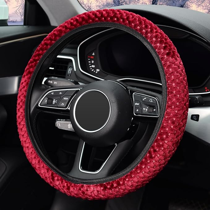 KAFEEK Elastic Short Microfiber Plush Steering Wheel Cover for Winter Warm, Universal 15 inch, Anti-Slip, Odorless, Wine Red