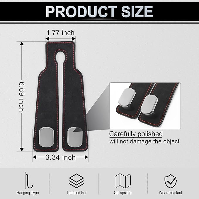 LivTee Car Hook, 2-Pack Leather & Iron Headrest Mount Hangers for Bags, Coats & Phones (Black)
