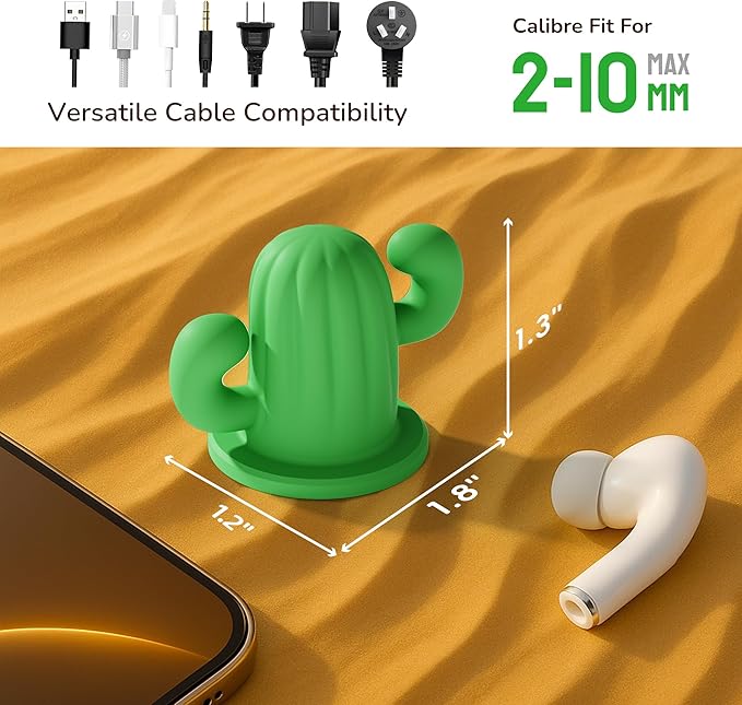 ELETIUO Cactus Cable Management Clip-Silicone Cable Clips Organizer with Strong Adhesive, Universal Cord Holder for Desk,Home,Car-Tangle-Free Wire Organizer for Type-C,USB, HDMI (2-Pack, Green)