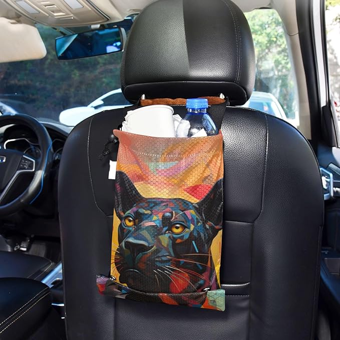 ALAZA Hanging Car Trash Bags Garbage Bag Trash Can for Back Seat Small Panther Washable Storage Bag Retractable 2 Pack