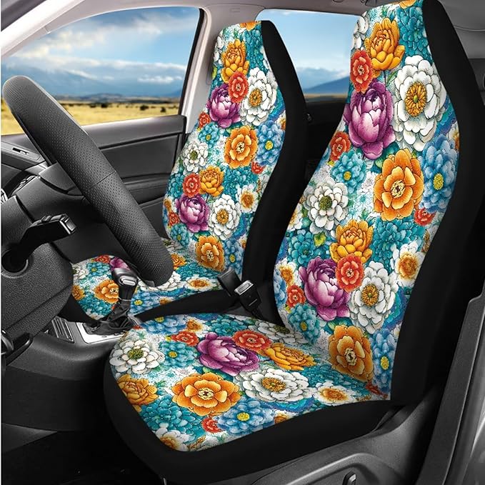Dngkaoje Blossom Lotus Car Seat Covers Full Set 13 Pcs Universal Car Interior Accessories Hippie Flower Steering Wheel Covers Armrest Pads Handbrake Gear Cover,Fit for Most Truck SUV