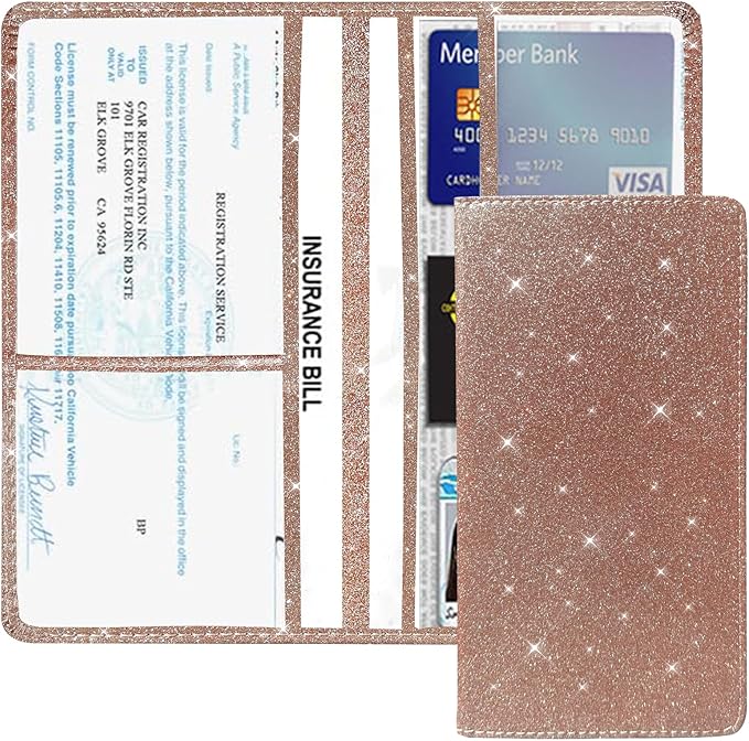 Vehicle Glove Box Car Organizer, Car Registration and Insurance Holder, Insurance Card Holder for Cars, Car Registration and Insurance Card Holder Interior Accessories for Women(Glitter-Rose)