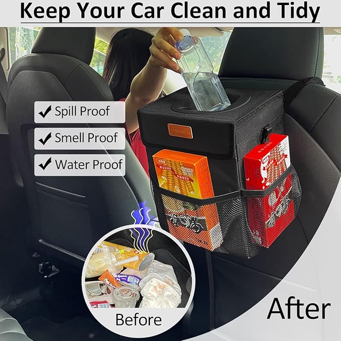ELONGRIVER Car Trash Can Bin for Back Seat Leak Proof, Cute Car Trash Bag Hanging, Vehicle Trash Can for SUV Truck Van, Automotive Garbage Cans Front Seat Black