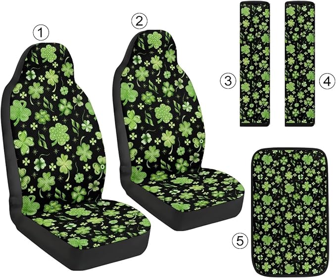 Oramclsy Shamrock Print Heavy Duty Car Seats Seat Covers with Universal Armrest Pad PU Breathable Seat Belt Covers 6 Pack Set St Patricks Day Accessories
