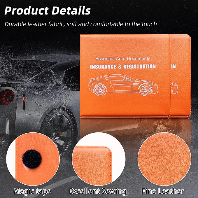 Ziciner Car Registration Insurance Holder, 2Pack Essential Auto Card Document Glove Box Organizer with Touch Fastener, Vehicle Interior Accessories Perfect for Most Car, Truck, SUV (Orange/Big Car)